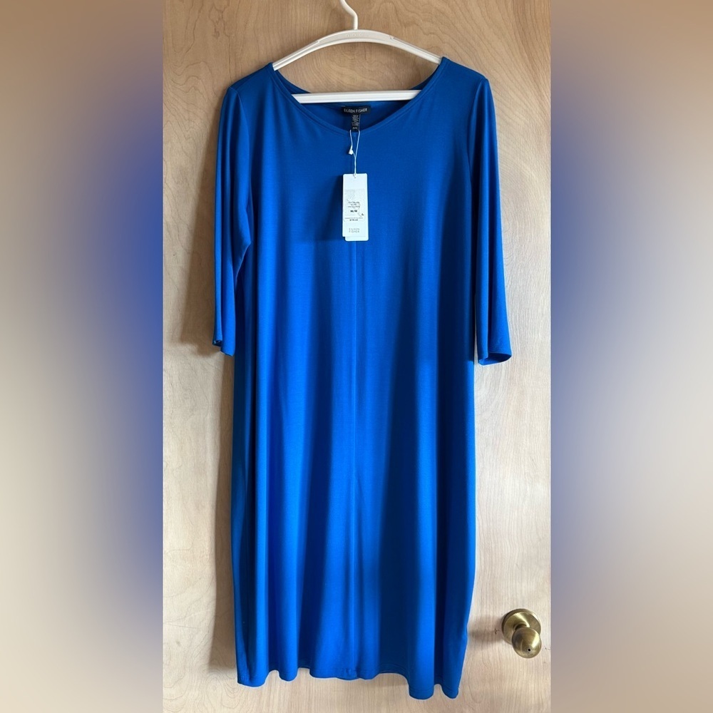 Eileen Fisher Jersey Dress Catalina Blue 3/4 Sleeve Minimalist Women’s M NWT